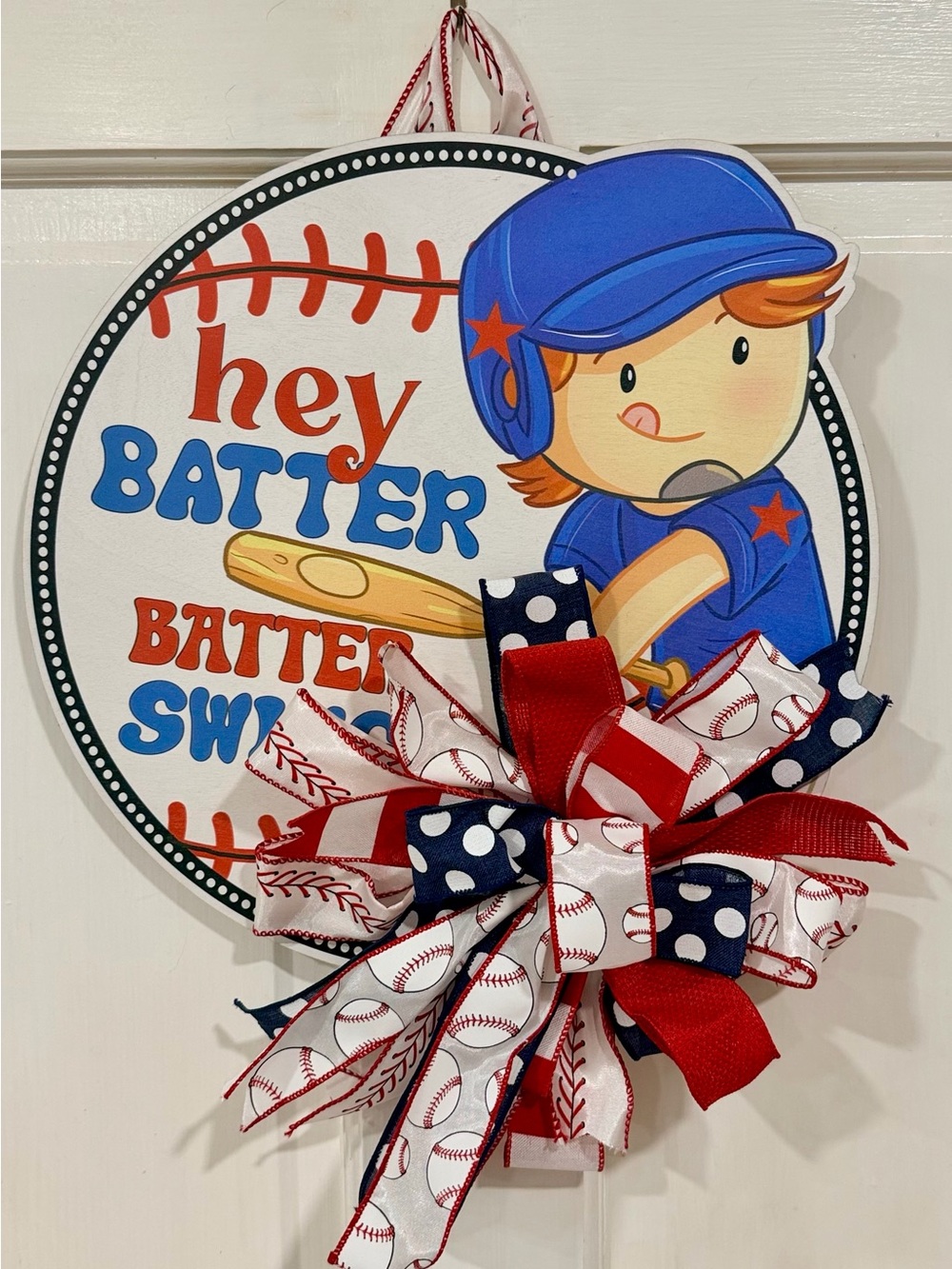 Hey Batter Baseball Door Hanger - Blue and Red